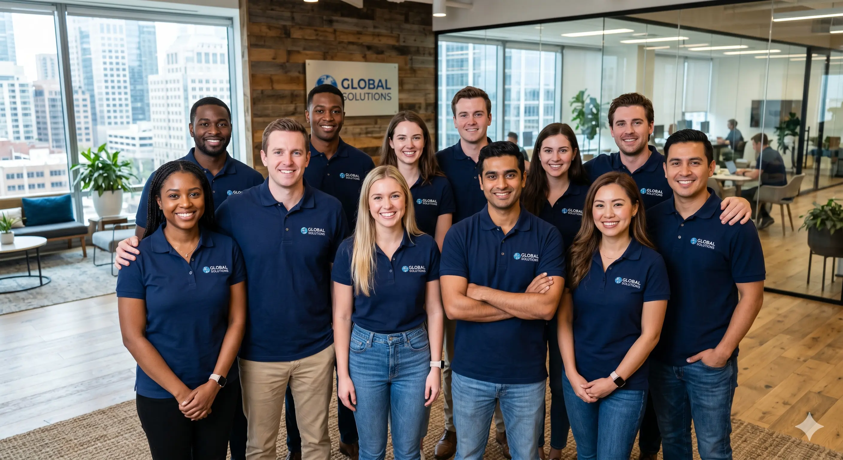 Corporate team wearing branded polo shirts